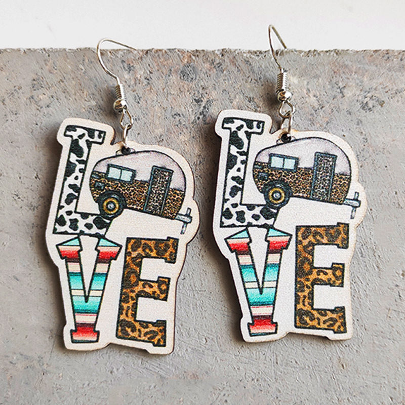 Wholesale Love Cow Print Leopard Print Campfire RV Camping Wooden Earrings